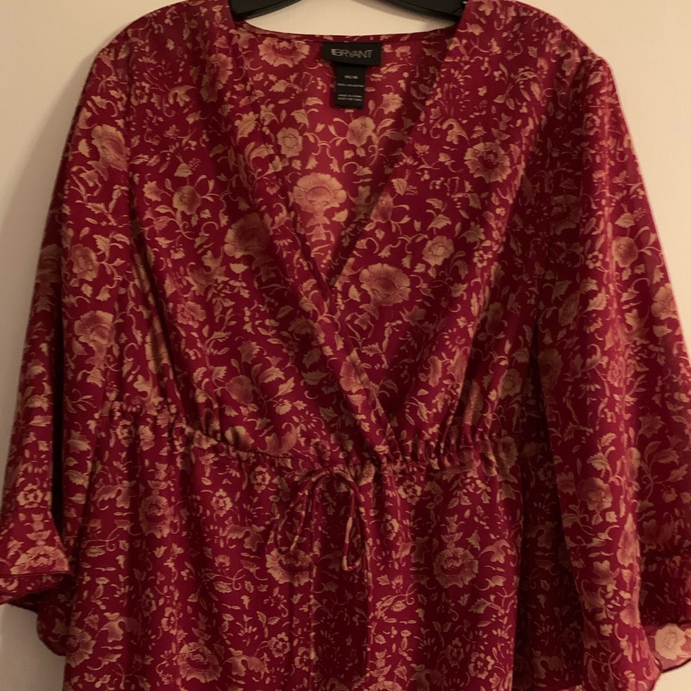 Tan and dark red blouse